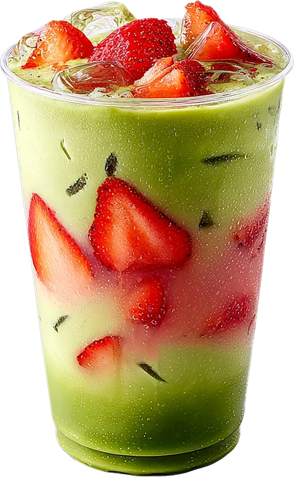 Çilekli matcha latte, buzlu bardakta